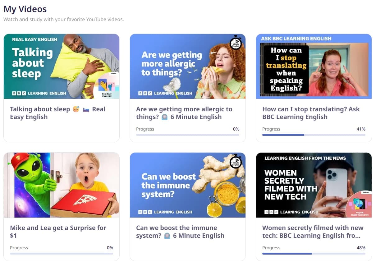 Tombik dashboard showing a video library with content in multiple languages