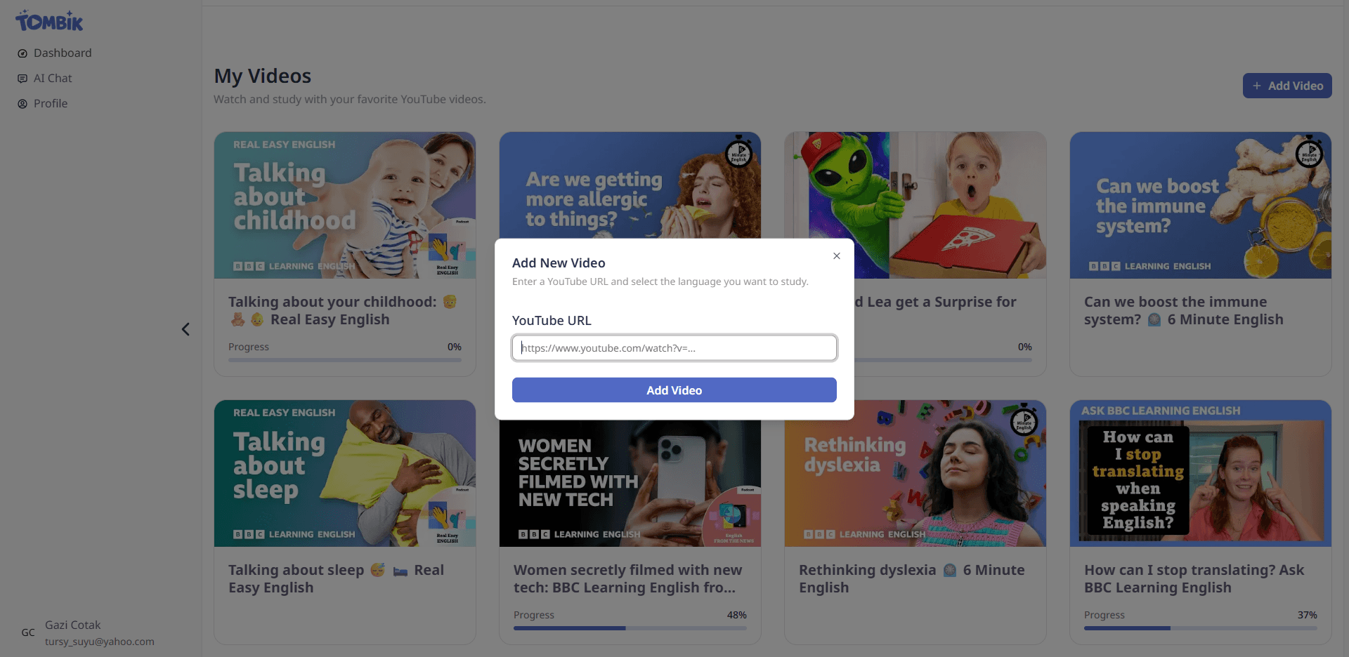 Tombik language learning platform showing synchronized video transcripts