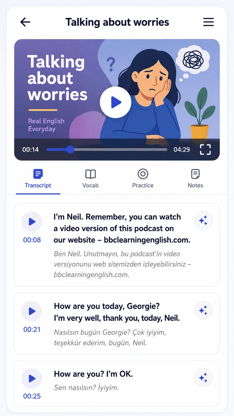 Tombik mobile app video transcript screen