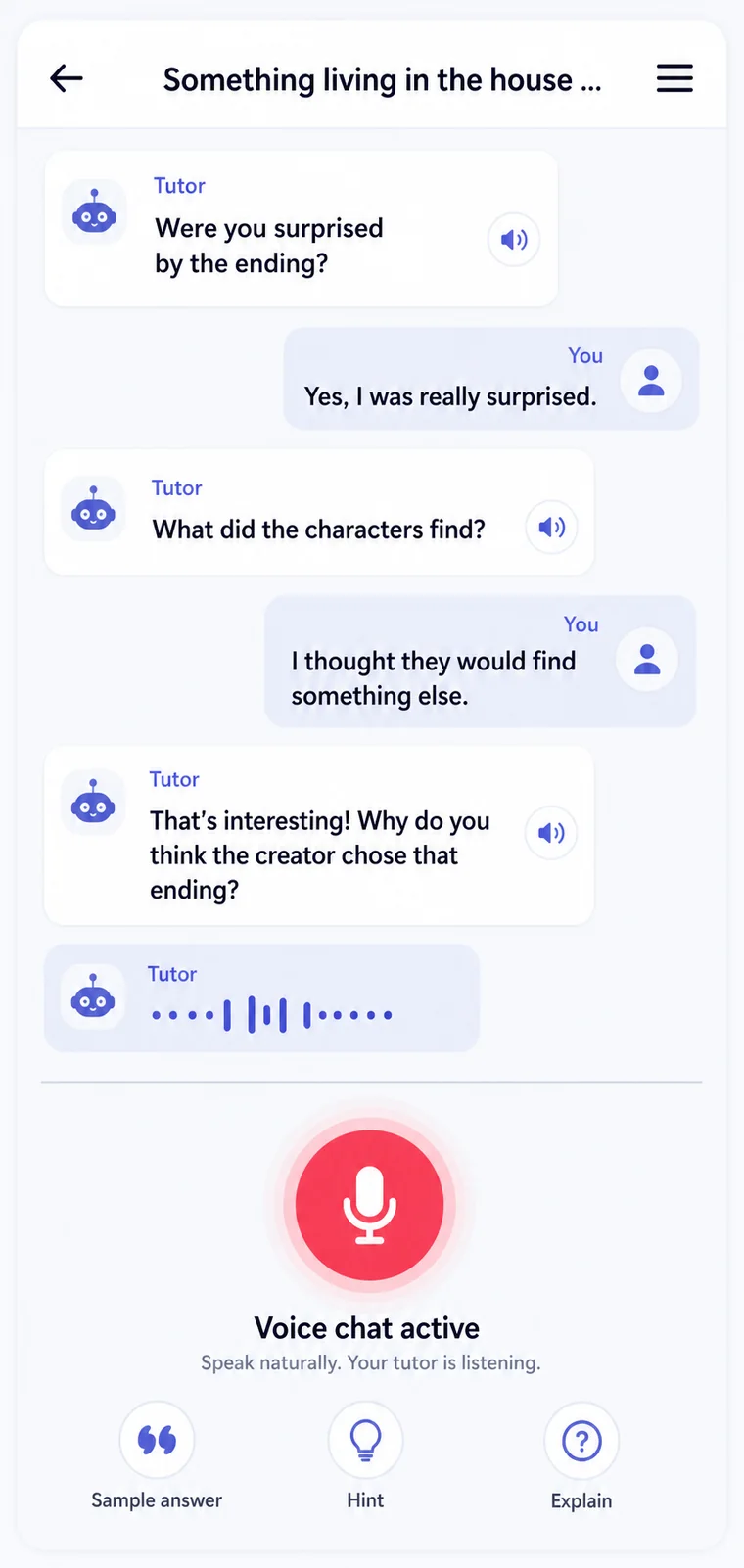 Tombik mobile app speaking practice screen